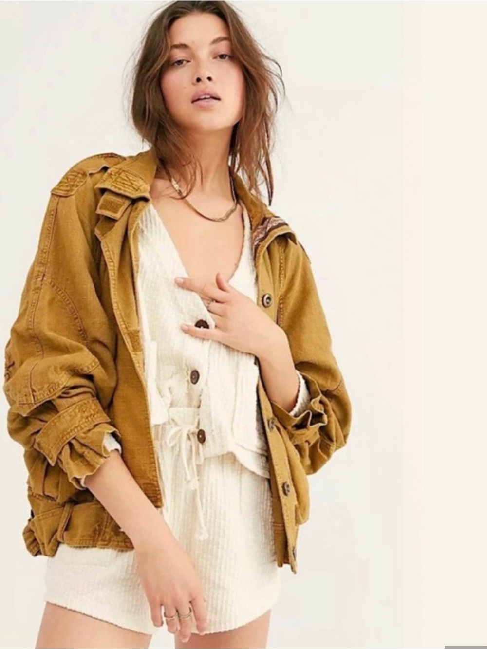 Free People Jayde Safari Military Bomber Jacket Mustard boho size L oversized